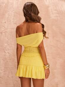 SHEIN BAE 女士不对称领口不对称网眼拼布透视性感迷你连身裤 - 黃色 - 查看 2