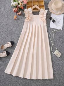 SHEIN Leap Crew Tween Girls Ruched Ruffle Hem Solid Dress, Fashionable French Elegant Dress, Suitable For Back To School, Spring Outing, Vacation, Casual Outings, Minimalist Vacation Style - Beige - View 5