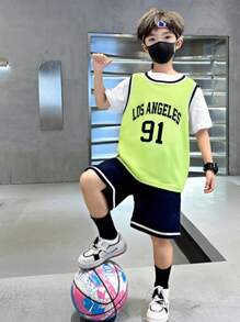 3pcs Kid Boys Casual Versatile Solid Color Loose Round Neck Short Sleeve T-Shirt,Letter Print Sleeveless Knit Vest,Shorts 3-Piece Set,Summer School - Multicolor - View 6