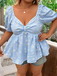 SHEIN CURVE+ Plus Size Square Collar Heart Collar Short Sleeve Daisy Plaid Print A-Line Women Shirt, Spring/Summer