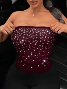 SHEIN SXY Plus Size Women Rhinestone Decor Bandeau Top, Minimalist Fashion, Suitable For Summer - Coffee Brown - View 1