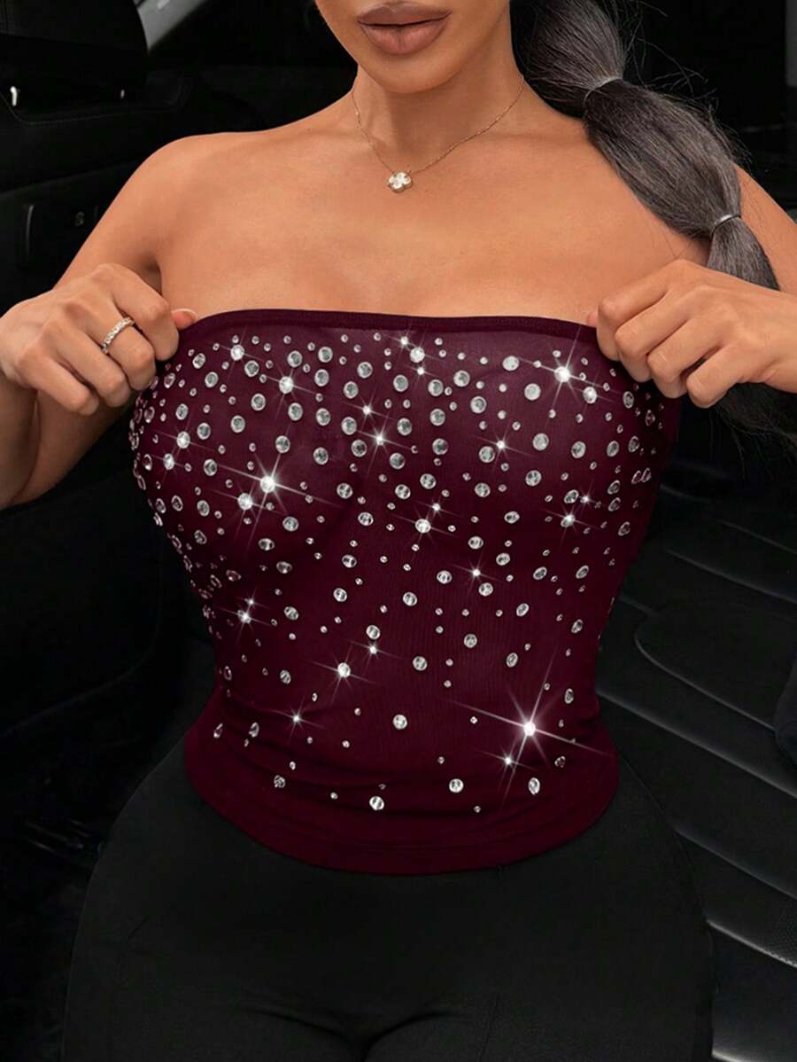 SHEIN SXY Plus Size Women Rhinestone Decor Bandeau Top, Minimalist Fashion, Suitable For Summer - Coffee Brown - View 1