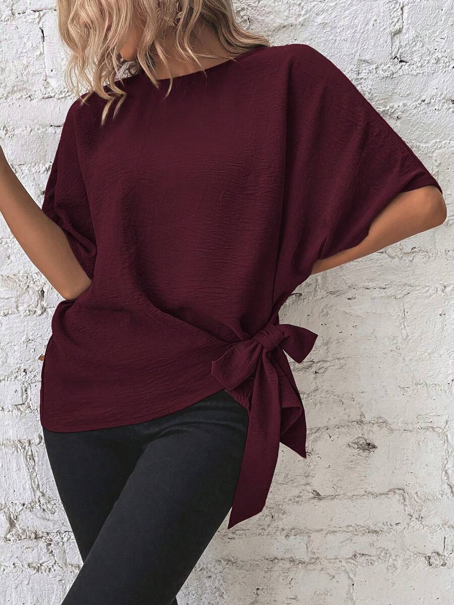 Flexra Women's Solid Color Round Neck Batwing Sleeve Side Knot Casual Blouse - Burgundy - View 1
