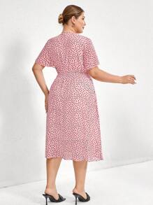 GENKIRA Plus Size Women's Polka Dot V-Neck Waist Cinched Midi Dress,Elegant & Formal Blush Pink Summer Tea Party,European & American Loose Hem All Over Print - Pink - View 6