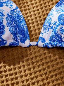 SHEIN Swim Bộ bikini in họa tiết Paisley thanh lịch dành cho nữ, kỳ nghỉ hè ở bãi biển - Xanh và trắng - Xem 4