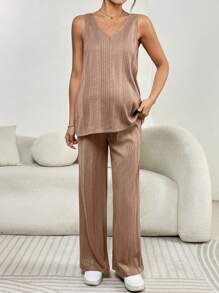 SHEIN 2 件套孕妇吊带背心和长裤，纯色简约时尚夏季 - 棕色 - 查看 5