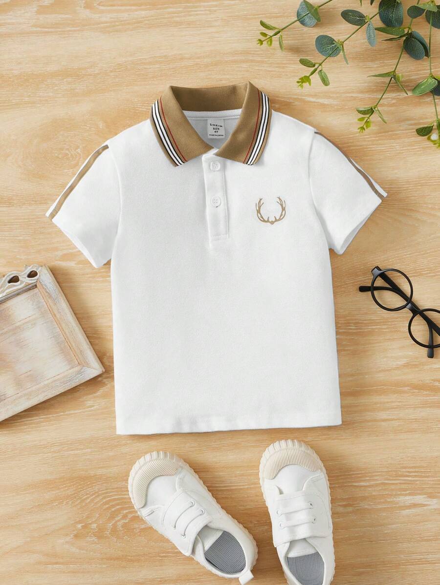 SHEIN Leap Crew 男童鹿角印花刺繡對比領短袖polo衫 - 白色 - 查看 1