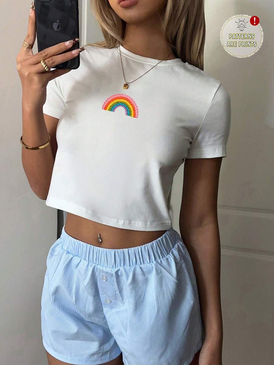 SHEIN EZwear Áo thun crop top cổ tròn tay ngắn thiết kế tối giản họa tiết thêu cầu vồng dành cho nữ - trắng - Xem 1