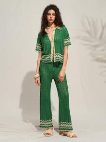 Arave Women's Fashionable Casual & Holiday Style Wave Hollow-Out Contrast Color Polo Collar Short Sleeve Top And Wide Leg Pants Set, Spring/Summer,Sets For Women,Summer Outfits For Women,Two Pieces Set Women,Green Set,Vacation Outfits Woman,Two Pieces Set Women