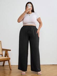 SHEIN Tall CURVE Pantalones capri anchos de verano informales con textura talla grande - Negro - Ver 7