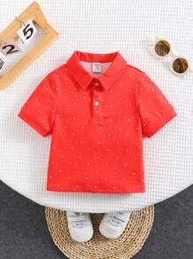 SHEIN Babyboy 针织柔软圆点领短袖套头衫 - 紅色 - 查看 3