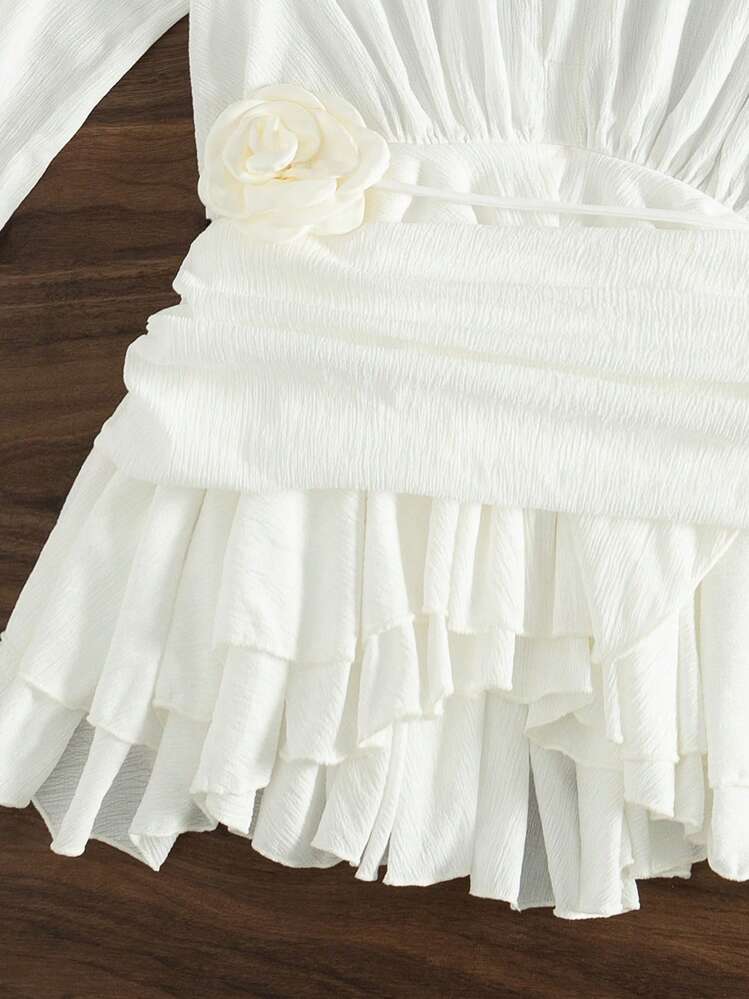 SHEIN Swim 荷叶边荷叶袖白色罩衫连衣裙（不含比基尼）夏季 - 白色 - 查看 3