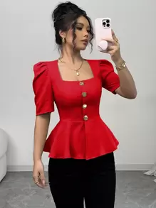 Elenzga 女式夏季衬衫，方领，短袖，金属纽扣装饰，做旧下摆，腰部设计，编织面料，优雅百搭，适合日常穿着 - 紅色 - 查看 4