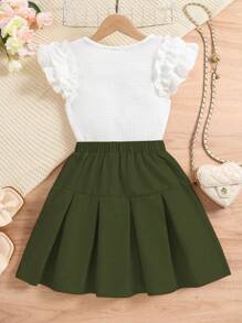 SHEIN Tween Girls Texture Top & Ruffle Hem Pleated Skirt 2 Pieces Set - Army Green - View 2