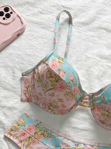 SHEIN Swim Ensemble de bikini femme avec Top à bretelles fines et bas, motif floral mignon et blocs de couleurs pour la plage - Multicolore - Voir 5
