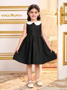 SHEIN Leap Crew Young Girl's Color Block Peter Pan Collar, Cute & Elegant & Sweet Peter Pan Collar, Fitting A- Line Dress, Valentine's Day, For School Daily Wear & Vacation & Holidays & Birthdays, Sisters Matching. - Black - View 2