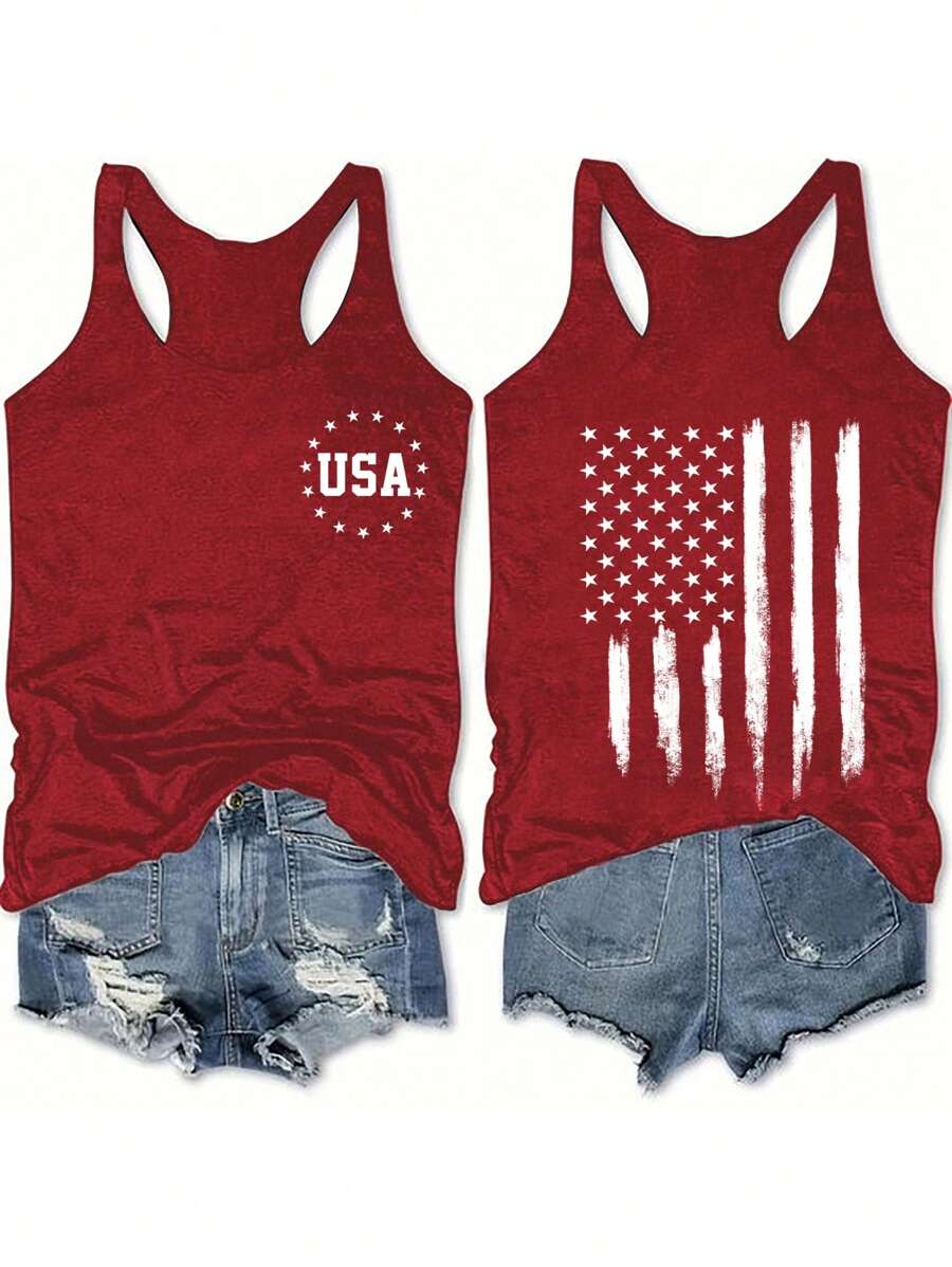 SHEIN LUNE 女士 7 月 4 日美国国旗印花圆领背心，休闲适合夏季 - 酒紅色 - 查看 1