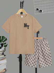 SHEIN Tween Boys Letter Print Casual T-Shirt & Shorts Set, Suitable For Summer - Khaki - View 4
