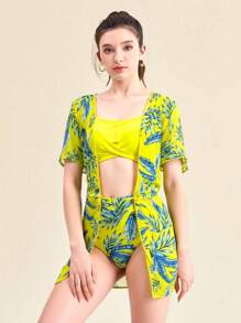 Tween Girls Cross Bikini Set With Tropical Botanical Print Kimon - Multicolor - View 6