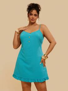 Travachic Plus Size Mint Green And Duck Egg Blue Color-Block Casual Resort Sleeveless Spring/Summer Beach Short Dress - Mint Blue - View 3