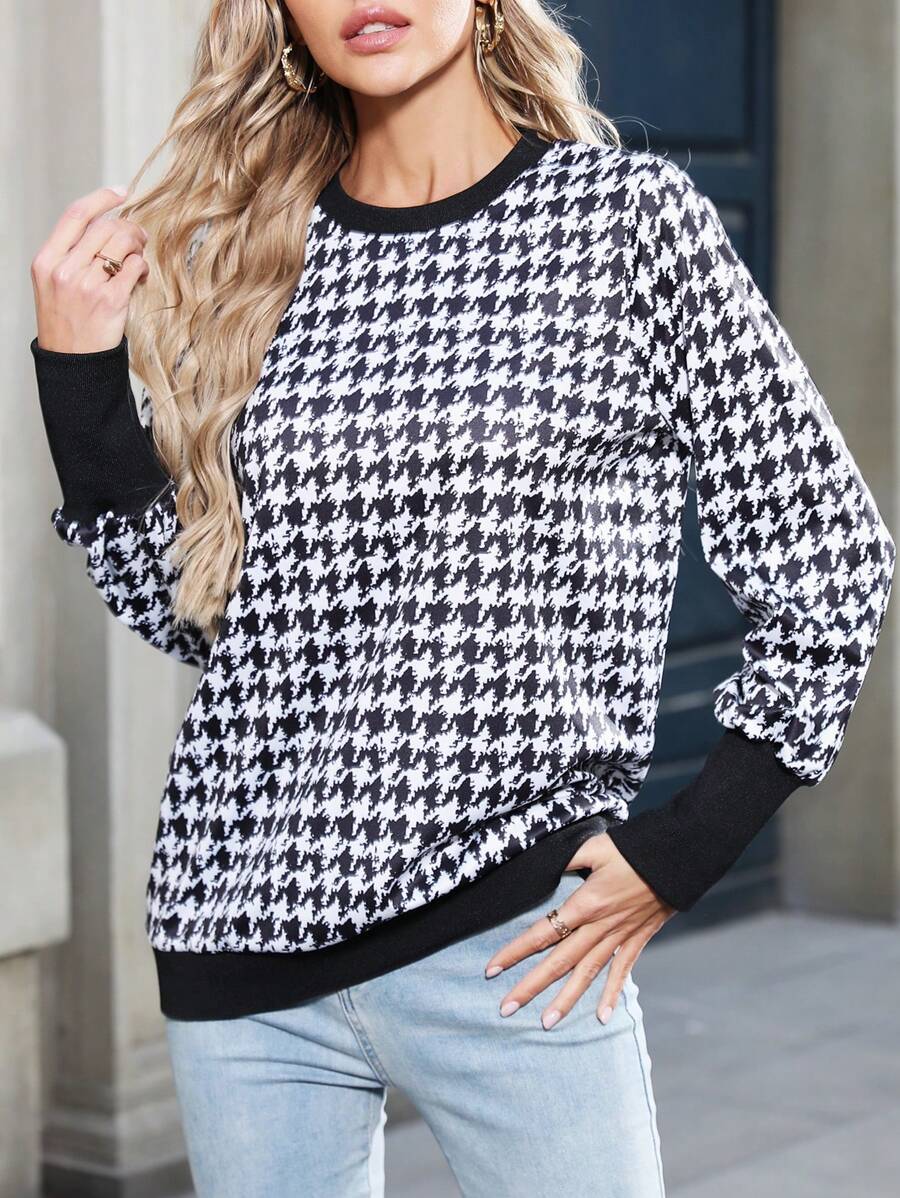Houndstooth Patchwork Long Sleeve Casual Top, Autumn/Spring Fall Cloth For Women - Black - View 1