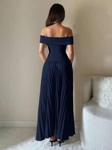 SHEIN ICON Homecoming Dress 1pc Off-Shoulder Solid Color Pleated Elegant Dress Navy Blue - Navy Blue - View 4