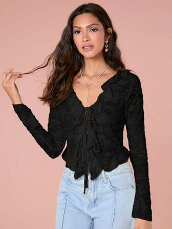 Enchnt Spring/Summer Romantic Women's Black Long Sleeve Bowknot Ruffle Neck Stretch Jacquard Blouse,Sweet&Elegant&Modest For Easter&Birthday&Holiday Party &Sweet Date&Vacation&Graduation Season&Commuting Daily