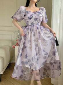 DAZY Women Mid-Calf V-Neck Pleated Rose Floral Print Casual Dress, Summer Boho Vacation Outfits Women - Mauve Purple - View 6