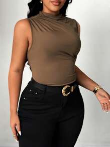 Celure 大码女式无袖聚拢修身弹力吊带背心 - 棕色 - 查看 3