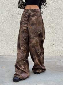 SHEIN EZwear Summer Concert Women Western Music Festival Graphic Loose Wide Leg Pants