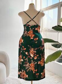 SHEIN Clasi Plus Size Women Floral Print Ruched Draped Neck Sleeveless Dress, Vacation Style Elegant Exquisite - Green - View 4