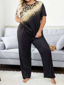 Plus Size Leopard Print Contrast Color Sleepwear Set