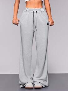 SHEIN Sports Pantalon de sport évasé à taille avec cordon de serrage pour femmes - Gris pâle - Voir 5
