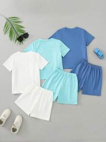 SHEIN 2pcs/Set Young Boy Short Sleeve Crew Neck T-Shirt And Shorts Set - Multicolor - View 2