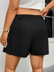 SHEIN Privé Plus Size Women's Comfortable Casual Elegant Commuting Basic Versatile High-End Pleated Elastic Waist Shorts, Suitable For Spring/Summer Office Wear - Black - View 5