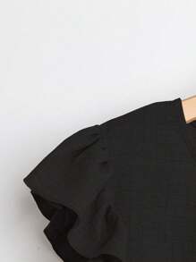 EMERY ROSE 2pcs/Set Women Plus Size Solid Color Round Neck Cap Sleeve Button Decor Top And Pants Set - Black - View 3