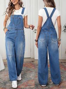 SHEIN LUNE Loose Casual Non-Elastic Button Pocket Patchwork Washing Denim Bib Pants Boyfriend Jeans - Blue - View 6