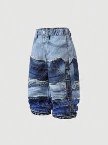 SHEIN Baby Jungen Straßen coole Baumwolle bedruckte, locker geschnittene gerade geschnittene blaue Jeans, Baby Frühlings-/Sommer Kleidung Streetwear Outfits