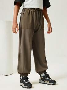 JNSQ Back To School Tween Girl Autumn Sports Sweatshirt & Pants Set, Elastic Waist Patchwork Pocket Loose Outdoor Casual Trousers, Suitable For Early Autumn Daily Wear, Outdoor Activities, Vacation, Street Style, Party And Leisure - Khaki - View 4