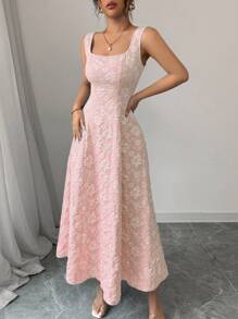 Elenzga 新款女式宽肩带磨边纹理花卉编织面料修身中长连衣裙，优雅精致年轻百搭，修身显瘦 - 粉色 - 查看 7