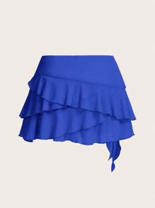 SHEIN ICON Women's Multi-Layer Ruffle Trim Low Rise Y2K Mini Navy Blue Skirt - Royal Blue - View 2