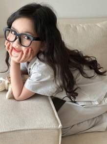 DAZY Young Girl Plaid Short Sleeve Top And Long Pants Pajama Set, Spring/Summer - Grey - View 4