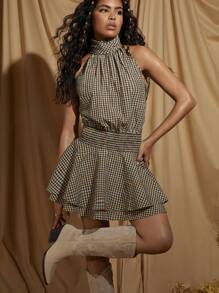 COSMINA Vestido corto de mujer con cuello de halter, plisado en la cintura y estampado a cuadros