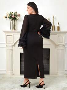 Modelyn Plus Size Women's V-Neck Rhinestone Crossed Design Puff Sleeve Elegant Dress