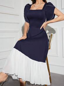 Modelyn Women's Color Block Square Neck Short Sleeve Summer Dress Long Evening Dresses - Navy Blue - View 5