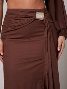 Silquee Luxury In Linens For Spring And Summer, Take It Slow, Timeless Linens Solid Red Brown Chocolate Metal Decoration Skirt, Natural Brown, Linen Women's Fashion Casual Front Draped Asymmetrical Long Skirt, Comfortable To Wear, Soft Fabric, Suitable For Daily Vacation Wear - Chocolate Brown - View 6