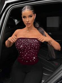 SHEIN SXY Plus Size Women Rhinestone Decor Bandeau Top, Minimalist Fashion, Suitable For Summer - Coffee Brown - View 2