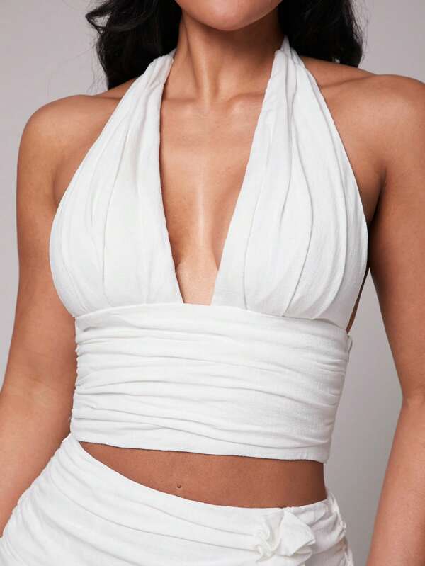 Silquee Spring/Summer "Luxury In Linens, Take It Slow, Timeless Linens" Solid Beige, Apricot, Natural White Linen Women's Fashion Pleated Halter Neck Top. Comfortable & Soft Fabric, Suitable For Commuting, Daily Wear, Vacation, Beach, Bikini Cover-Up, Night Out, Girls' Gathering, Beach Party, Pool Party, Holiday Outfit, Naturalist Party, Cabin Retreat, Linen Blouse, Linen Camisole, Beach Top, Beach Outfit,Linen Top,Linen Flap Bandeau Top,Prom Outfit,Cute Summer Tops