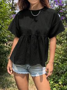 SHEIN EZwear Women's Solid Color Simple Daily Ruffle Hem Top - Black - View 4