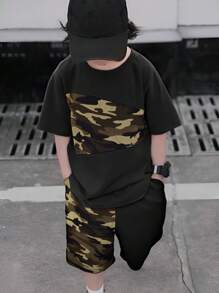 SHEIN Tween Boy Camo Patchwork T-Shirt And Shorts Set, Suitable For Summer - Multicolor - View 3